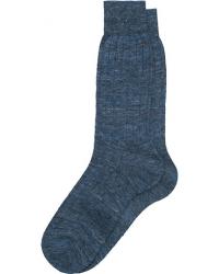 Bresciani Linen Ribbed Short Socks Blue Melange