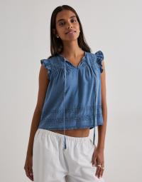 Only - Blå - Onlcharis Life Sl Tie Neck Top Wvn