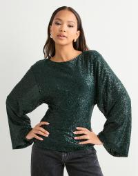 Nelly - Grøn - Glitter Volume Sleeve Top