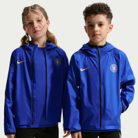 Chelsea FC Academy Pro Nike Storm-FIT-fodboldregnjakke med hætte til større børn - blå