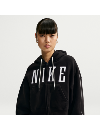 Oversized kort Nike Studio Fleece-hættetrøje i medium vægt med fuld lynlås til kvinder - sort