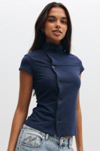 Nelly - Blå - High Neck Button Top