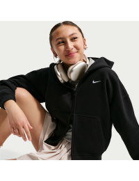 Oversized Nike Studio Fleece-hættetrøje med lynlås i fuld længde til større børn (piger) - sort