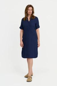 SIGNATURE - Knælang Hør Kjole - Navy - V-Hals